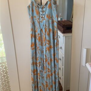 Light Blue Maxi Dress with Orange Leaf Print and Lace-Up Front